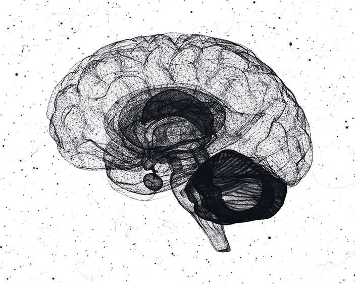 image of a brain made up by black and white particles